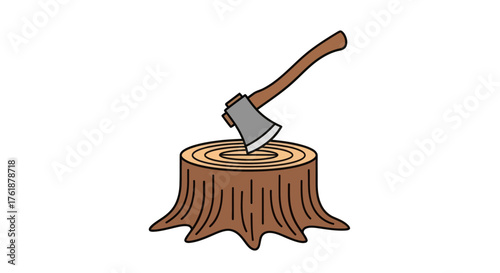 Cartoon Axe Embedded in a Wooden Tree Stump.