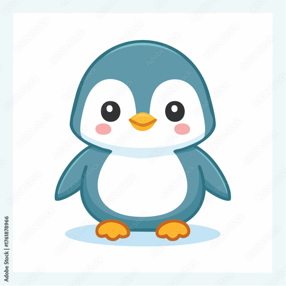 Fototapeta premium Cute cartoon baby penguin illustration with a sweet and friendly expression, perfect for children's designs and winter themes, an adorable Arctic bird graphic