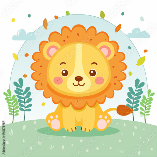 Charming cartoon lion cub with a friendly smile, sitting peacefully on vibrant green grass in a delightful natural setting with fluffy clouds and whimsical falling leaves