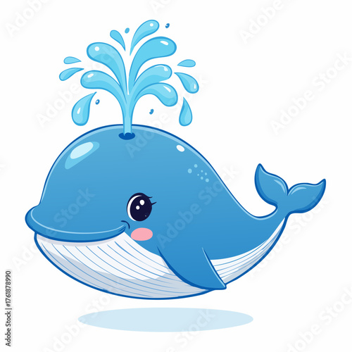 Cute Cartoon Blue Whale Spouting Water in the Ocean