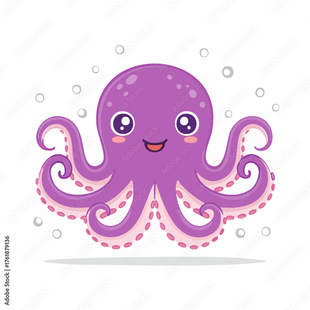Fototapeta premium Adorable Purple Octopus Character Illustration with Bubbles