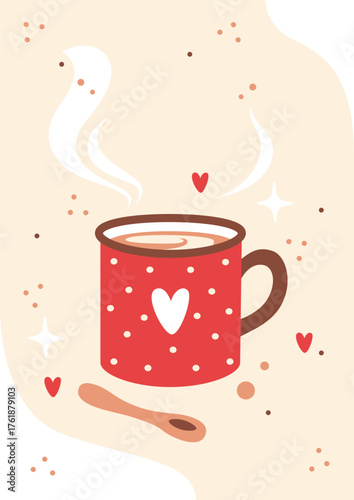 Red mug with hot drink and hearts art