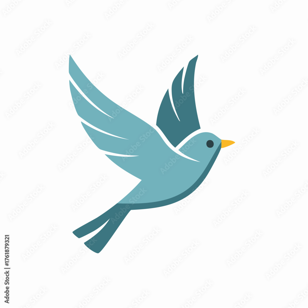 Fototapeta premium Stylized blue bird icon in flight, a simple vector illustration. A graceful symbol representing a concept of freedom, peace, hope, and nature on an isolated background