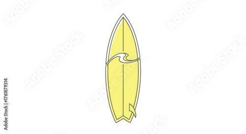 A bright yellow surfboard with a stylized wave design ready for the ocean.
