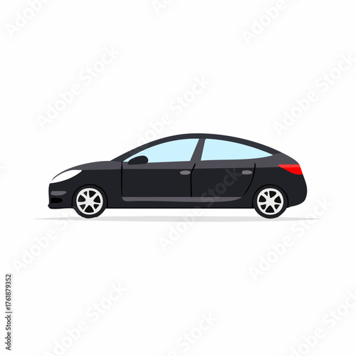 Flat design illustration of a contemporary black sedan automobile, representing urban transportation, daily commute, and private vehicle concepts