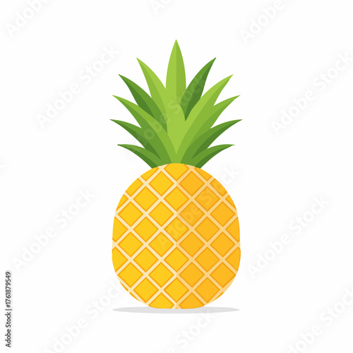 Vibrant flat design illustration of a whole yellow pineapple with a green crown, symbolizing fresh tropical fruit, isolated on a white background