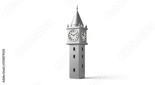 Ornate Silver Clock Tower with Four Faces and Spire.