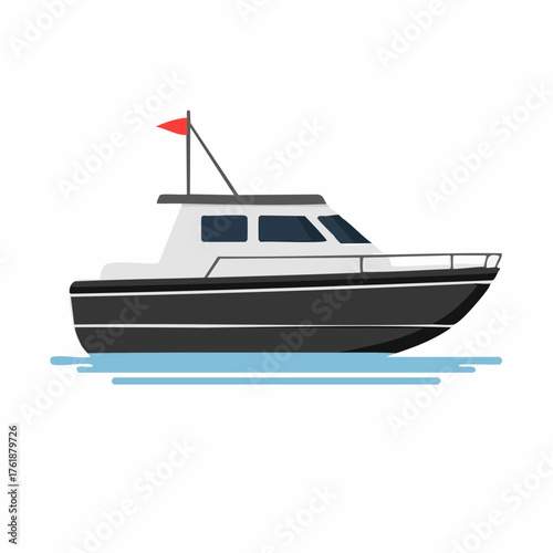 A modern cabin cruiser motorboat sailing on the blue sea, a simple flat vector illustration representing maritime travel and leisure