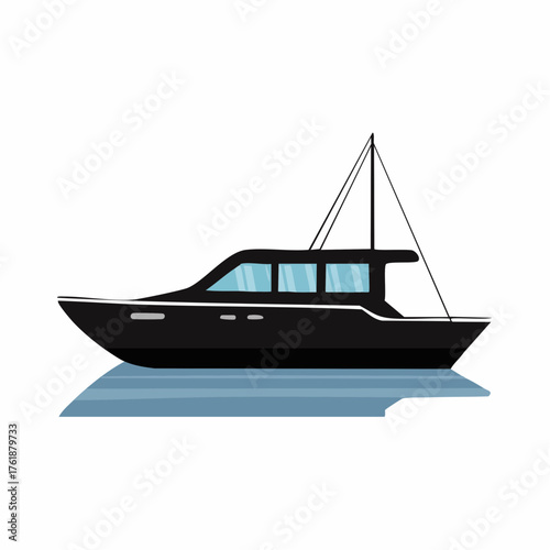 Elegant black motor yacht floating on the water, side profile view. A modern luxury boat illustration for travel and leisure concepts, isolated on a white background