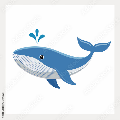 Cute blue cartoon whale character spouting water. A friendly marine mammal illustration isolated on a white background for children's design