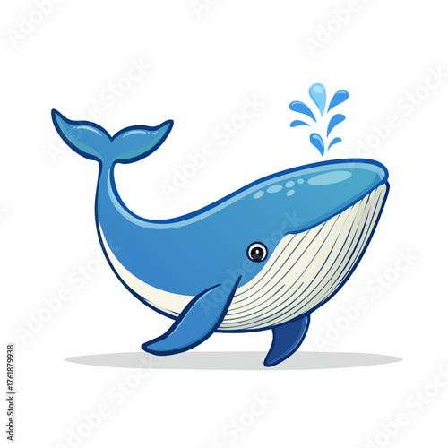 Cute Blue Whale Cartoon Illustration Spouting Water, a Friendly Marine Animal Character with a Happy Expression, Isolated on a Clean Background