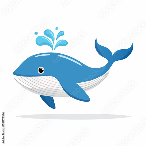 Cute Blue Whale Spouting Water Isolated on White Background, Adorable Cetacean Illustration