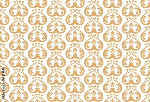 Wallpaper in the style of Baroque. White and golden floral ornament. Seamless vector background. Graphic pattern for fabric, wallpaper, packaging. Ornate Damask flower illustration