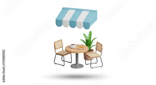 Outdoor Cafe Table with Chairs Plant and Striped Awning.