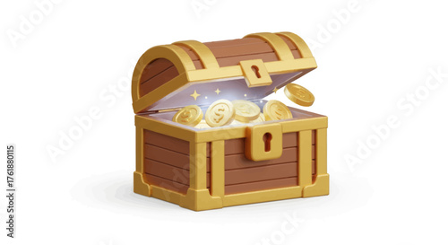 Open Wooden Treasure Chest Overflowing with Glowing Gold Coins and Jewels.