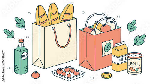 A bright, stylized illustration of grocery items including baguettes, tomatoes, oil, milk, canned goods, and leafy accents capturing a fresh and healthy shopping theme.