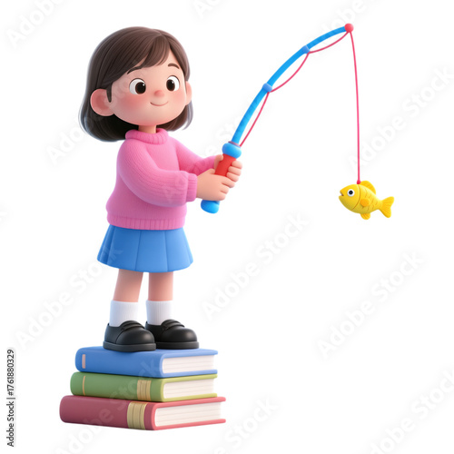 3D Realism Girl Fishing on Stacked Books, Transparent Background, Digital Illustration