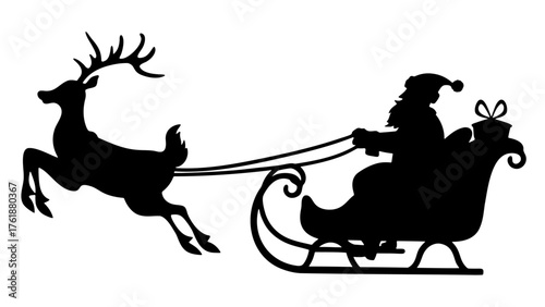 Christmas silhouette of santa claus in a sleigh with a gift pulled by a reindeer