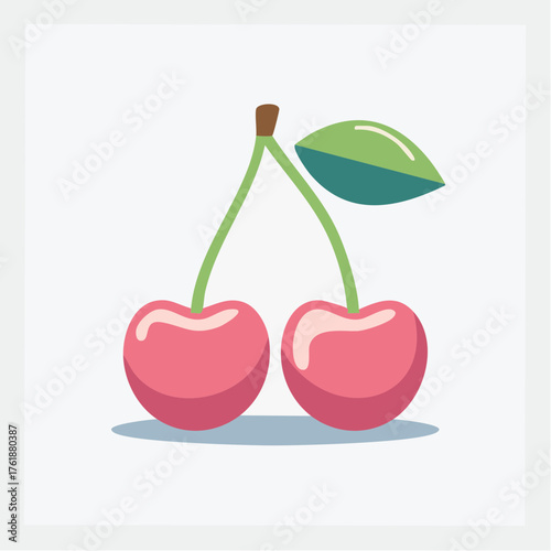 A vibrant illustration of two ripe cherries with a stem and a single green leaf, set against a clean white background