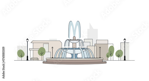 Elegant City Fountain with Arched Water Jets and Buildings.