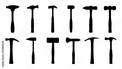 Set of various black hammer tool silhouettes