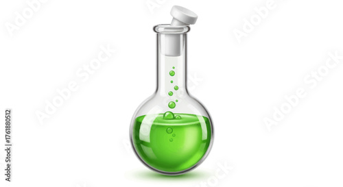 Clear glass round-bottom flask with vibrant green bubbling liquid and white stopper.
