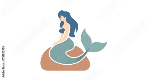 Stylized illustration of a mythical mermaid with blue hair sitting on a rock.
