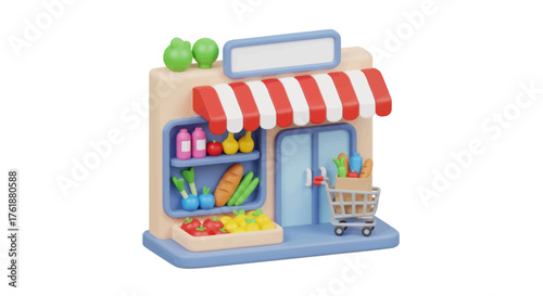 Charming 3D Miniature Grocery Store with Colorful Produce and Shopping Cart.