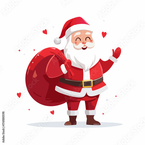 A joyful cartoon illustration of Santa Claus in his red suit, waving cheerfully while holding a large sack of Christmas gifts
