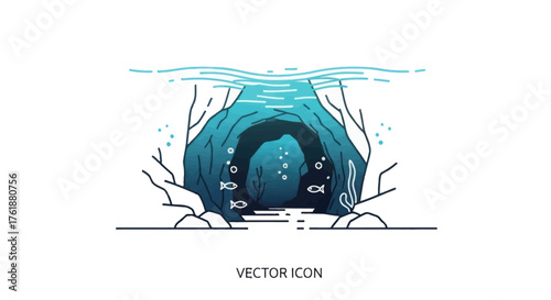 Underwater Cave with Fish and Bubbles Illustration.