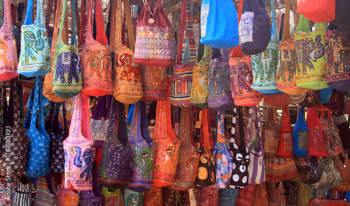Colorful bags in the market, Indian market, oriental travel, Marocco style market