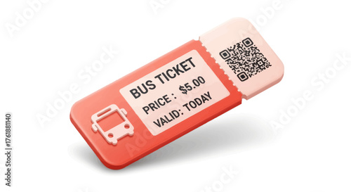 A modern red bus ticket with a bus icon price and a scannable QR code.