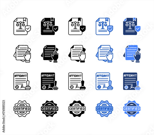 Legal document, Administration, Affidavit, Certified multiple style icon set.