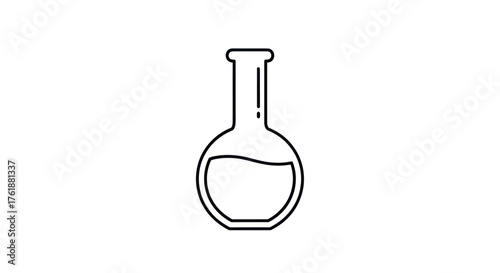 Outline icon of a round bottom laboratory flask with liquid inside.