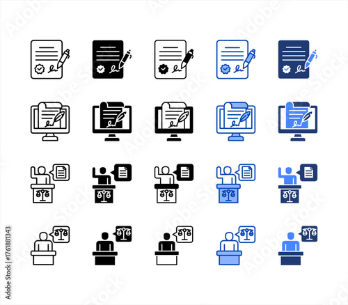Signature, Application, Witness, Legal multiple style icon set.