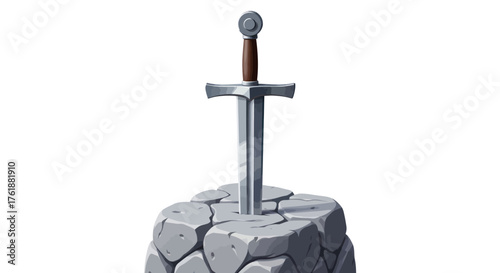 Ancient Legendary Sword Excalibur Stuck in Stone Illustration.