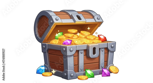 Open Wooden Treasure Chest Overflowing with Gold Coins and Colorful Gemstones.