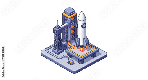 Isometric Illustration of a Rocket Launch Pad with Rocket Ready for Liftoff.
