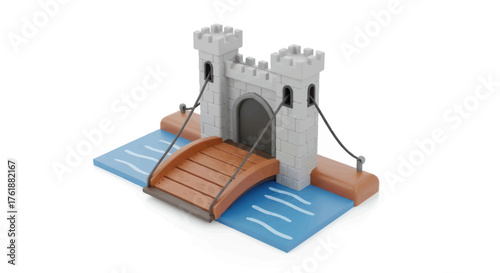 Miniature Toy Castle with Drawbridge and Water Feature.
