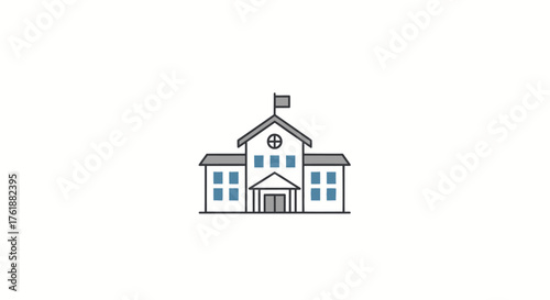 Simple Line Art Illustration of a Classic School Building with Flag.