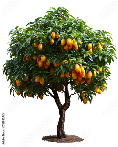 Large mango tree with ripe fruits isolated on transparent background