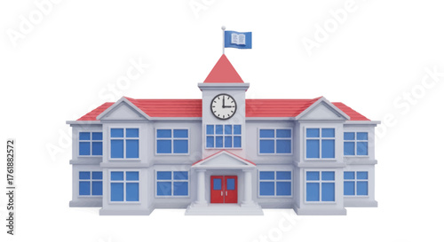 Cartoon School Building with Clock Tower and Flag.