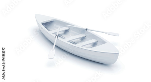 A sleek white rowboat with a single oar resting inside presented on a clean white background.