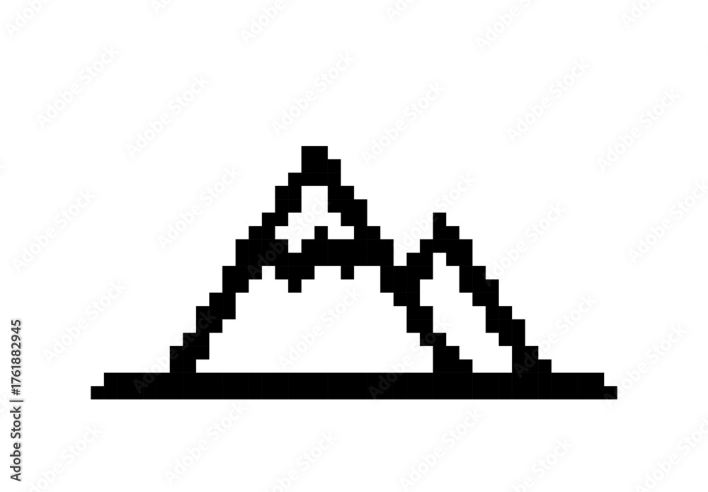 Fototapeta premium Simplified Pixel Art Mountain Range Silhouette in Black and White on Isolated Background