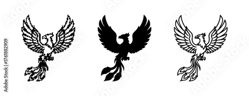 Evolution of Phoenix Bird Icons from Pixelated to Simplified Outline on White