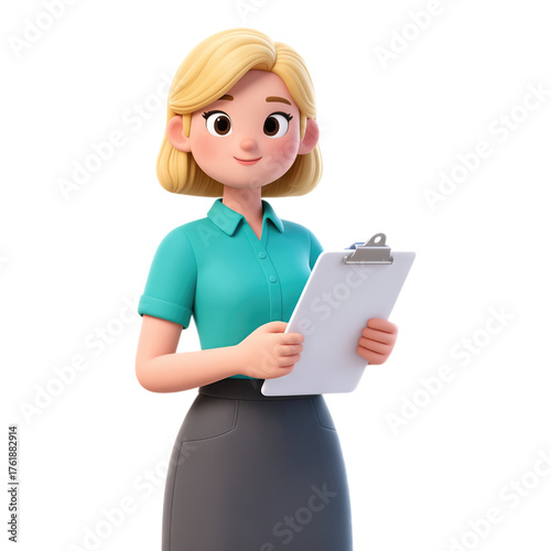 Blonde Woman Holding Clipboard, Green Polo Shirt with Transparent Background, 3D Realism Asset