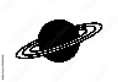 Pixelated planet icon with rings orbiting against a white background