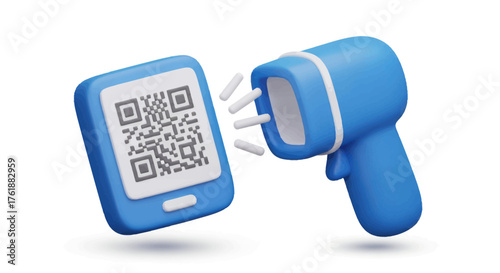 Blue 3D QR Code Scanner and Smartphone Displaying QR Code.