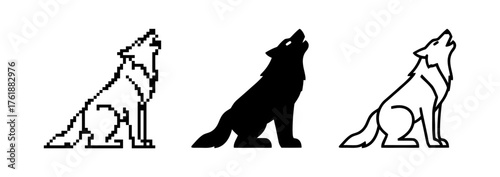 Three variations of a stylized howling wolf, displayed as pixelated, solid silhouette, and outline design
