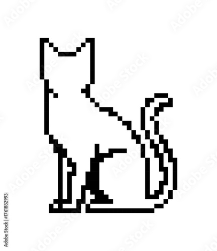 Pixelated Silhouette of a Cat Sitting in Simple Black and White Graphic